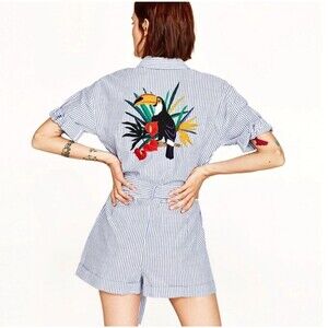 Zara Romper Womens Size Small Toucan Embroidered Blue Stripe Seer Sucker Cotton